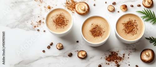 Three cups of mushroom coffee sit elegantly on a marble surface, surrounded by coffee beans and fresh mushrooms, creating an inviting atmosphere