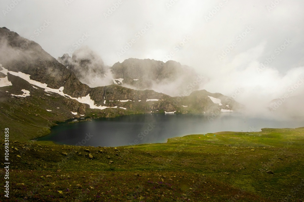 Toba lake in twilight and fog, Samegrelo, Georgia Toba lake in twilight and fog, Samegrelo, Georgia