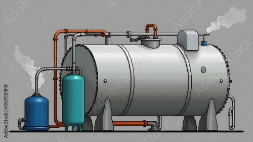 Industrial water heater tank storing hot water for heating system