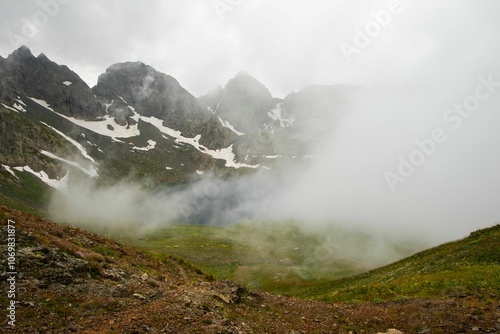 Lake in twilight and fog, Samegrelo, Georgia photo