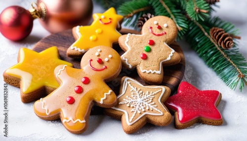 Homemade ginger cookies with colorful glaze. Gingerbread man, star and Christmas tree