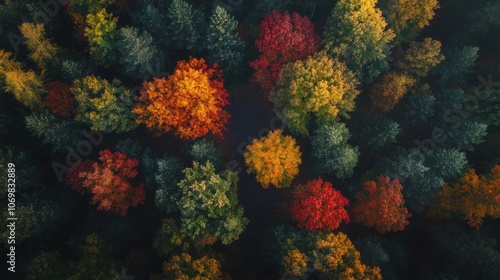 Aerial view of a vibrant forest showcasing autumn foliage in various colors.