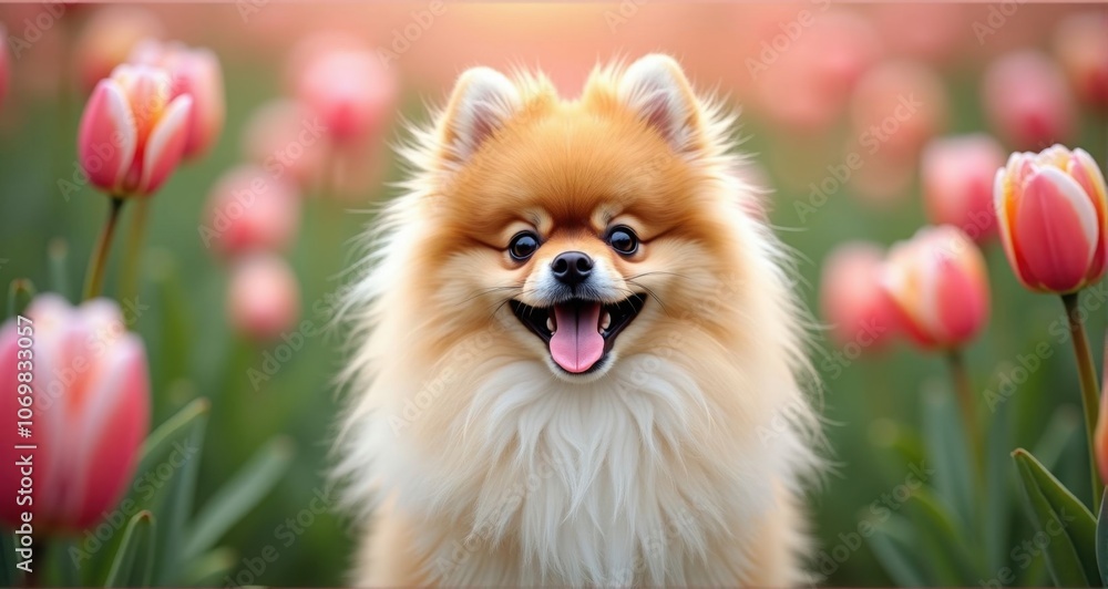 Cheerful Pomeranian amidst blooming tulips Cheerful Pomeranian amidst blooming tulips