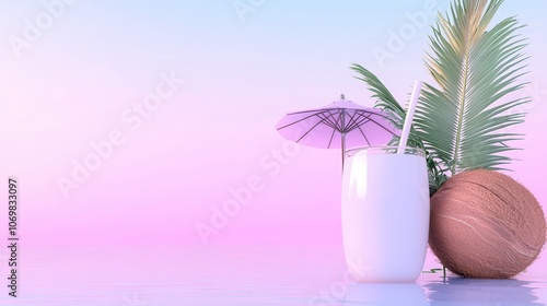 Enjoy a refreshing coconut drink with a straw and umbrella under a vibrant sunset sky photo