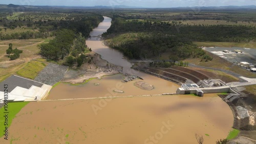 Left to right aerial views over Rookwood Weir and the Fitzroy River, West of Rockhampton, Central Queensland, Australia. photo