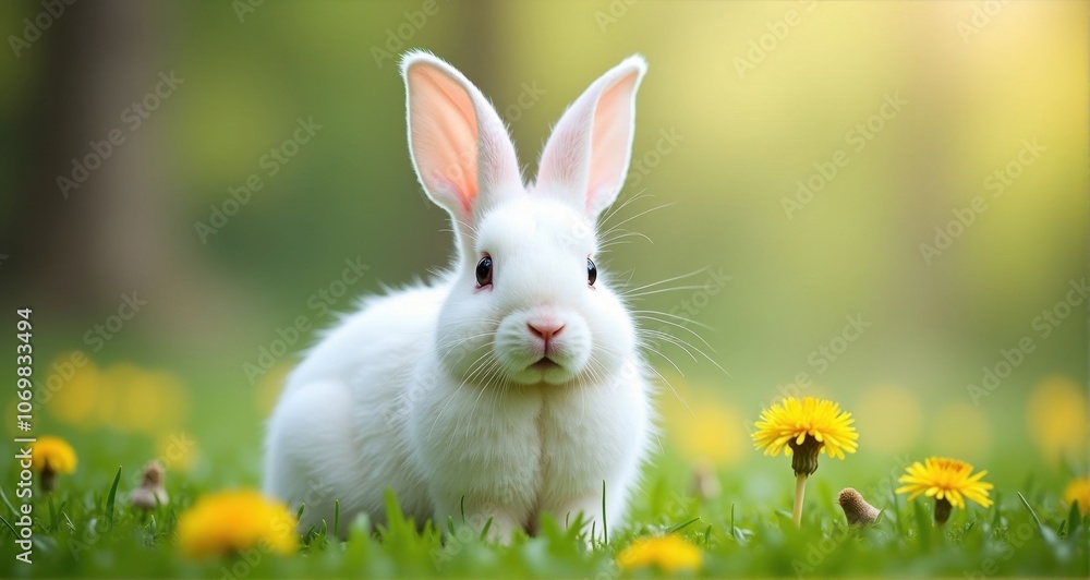 White rabbit among bright yellow flowers White rabbit among bright yellow flowers