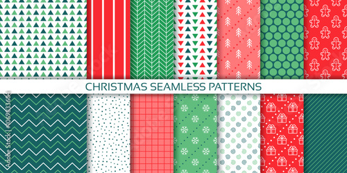 Christmas wrapping paper. Seamless pattern. Holiday Xmas backgrounds. Textures with zigzag, stripes, snowflake, triangle, gift box, checks. Set green red wallpaper. Festive prints. Vector illustration