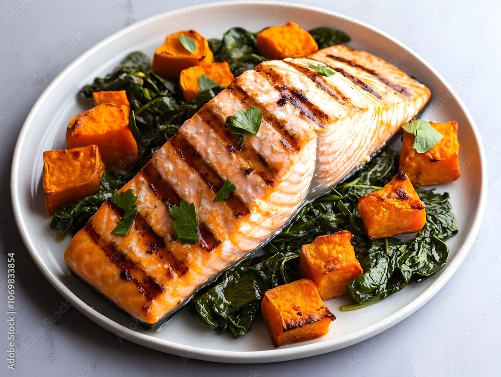 Grilled salmon fillet served with roasted sweet potatoes and sauted spinach a juicy and flaky salmon caramelized sweet potatoes vibrant green spinach Grilled salmon fillet served with roasted sweet potatoes and sauted spinach a juicy and flaky salmon caramelized sweet potatoes vibrant green spinach