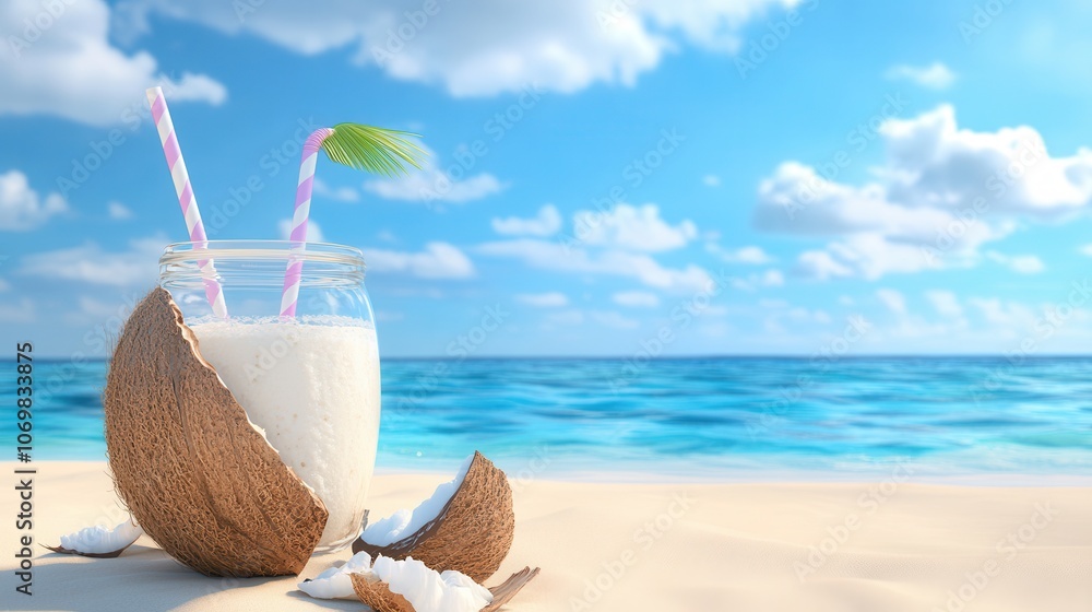 Enjoy a refreshing coconut smoothie served in a rustic glass jar on a serene beach setting