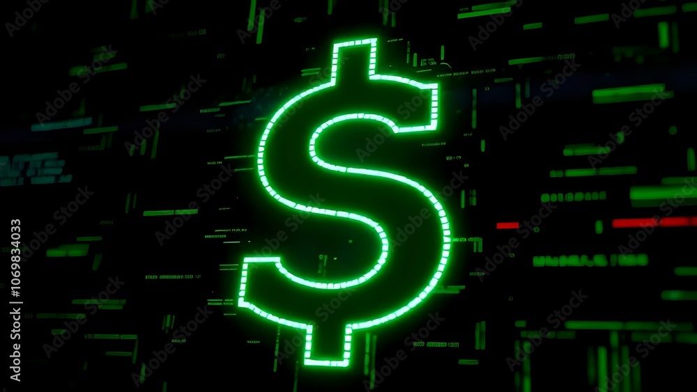 Neon Green Currency Symbol with Pixelated Effect on Dark Background for Digital Economy Concept Neon Green Currency Symbol with Pixelated Effect on Dark Background for Digital Economy Concept