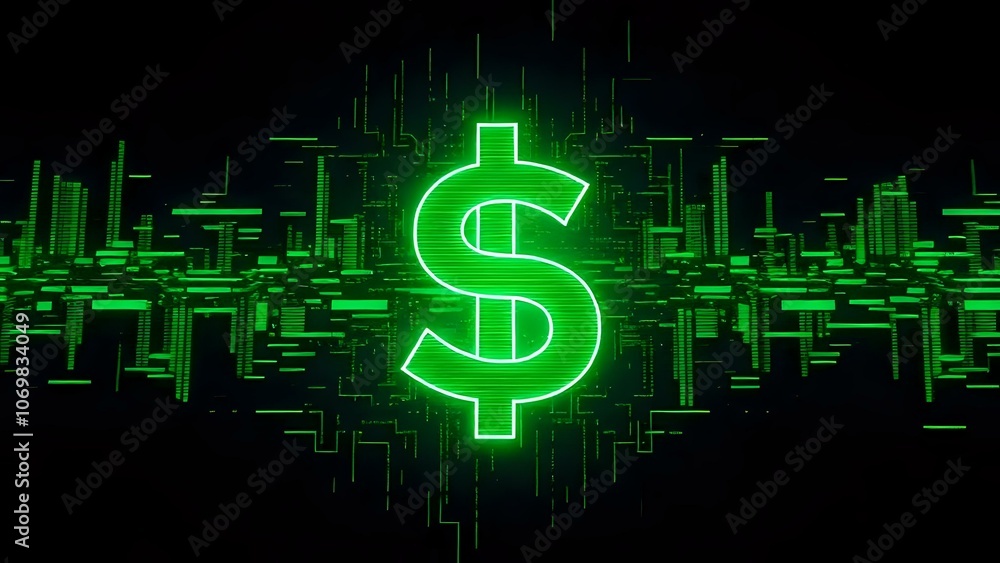 Neon Green Currency Symbol with Pixelated Effect on Dark Background for Digital Economy Concept Neon Green Currency Symbol with Pixelated Effect on Dark Background for Digital Economy Concept