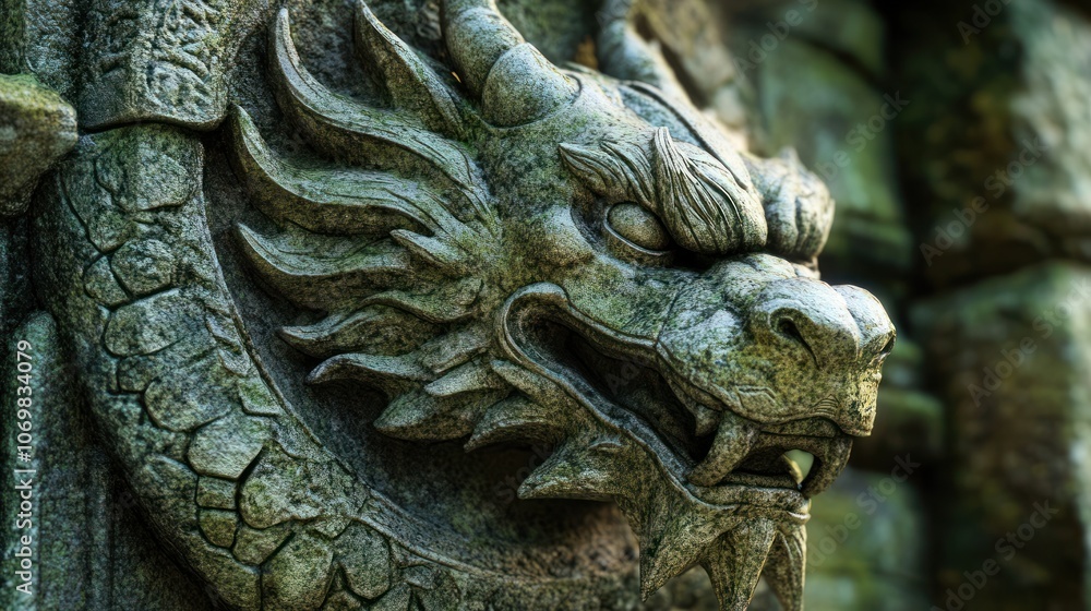 Ancient Stone Dragon Sculpture with Intricate Carved Details and Moss Accents in a Mystical Setting Ancient Stone Dragon Sculpture with Intricate Carved Details and Moss Accents in a Mystical Setting