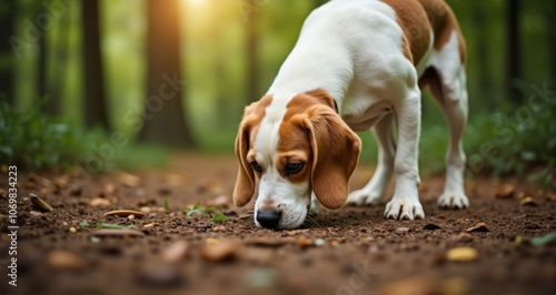 Beagle sniffing the forest floor