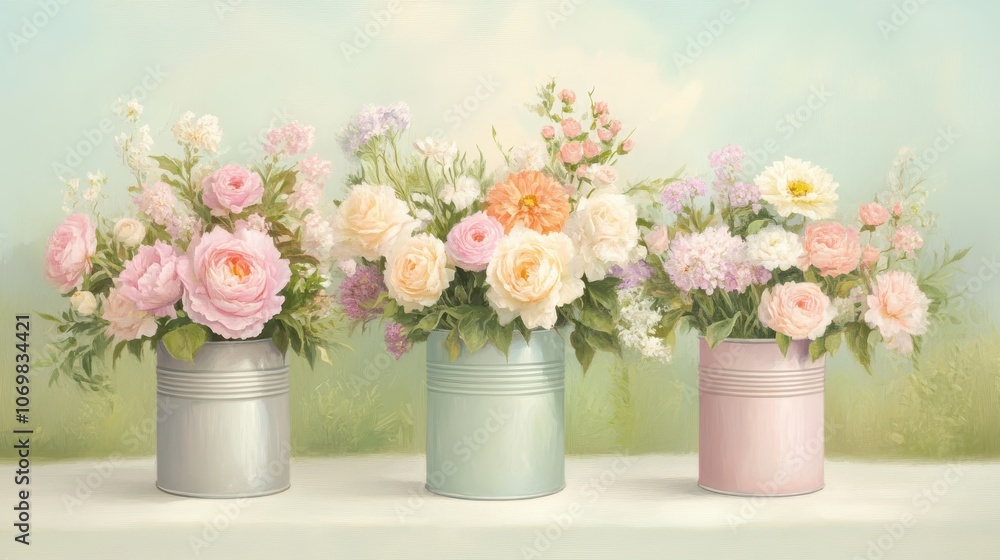 custom made wallpaper toronto digitalPastel Blooms in Rustic Charm: Three tin cans, each filled with a vibrant bouquet of delicate pink, peach, and white roses, create a captivating still life against a soft blue sky background.