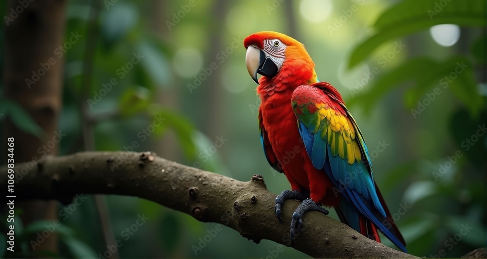 Vibrant scarlet macaw perched in jungle foliage Vibrant scarlet macaw perched in jungle foliage
