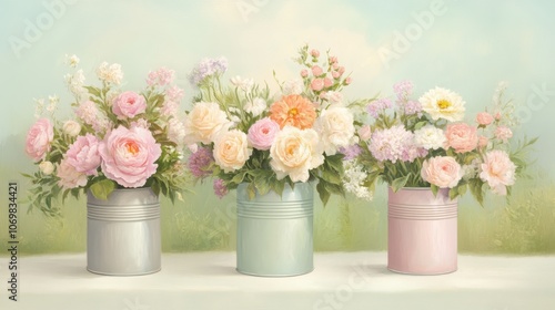 Wallpaper Mural Pastel Blooms in Rustic Charm: Three tin cans, each filled with a vibrant bouquet of delicate pink, peach, and white roses, create a captivating still life against a soft blue sky background. Torontodigital.ca