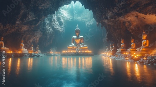 Serene Buddha Statues in Cave Setting photo