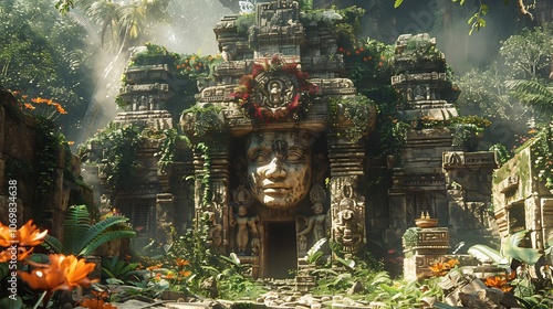 Jungle ruins filled golden statues sparkling gems and ancient scrolls a paradise of lost history in an epic posterstyle scene photo