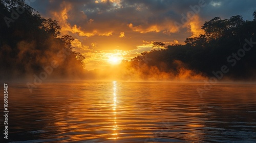 Golden Sunrise Over Mekong River with Mist