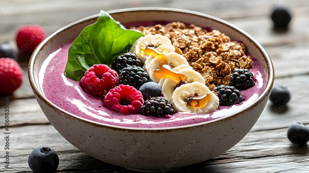Artfully Arranged Vegan Smoothie Bowl Brimming with Colorful Berries Bananas and Leafy Greens Garnished with Textured Homemade Granola and a Drizzle of Honey Artfully Arranged Vegan Smoothie Bowl Brimming with Colorful Berries Bananas and Leafy Greens Garnished with Textured Homemade Granola and a Drizzle of Honey