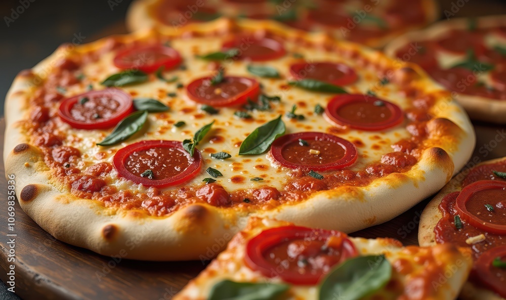 Savory pizza topped with fresh tomatoes and basil, perfect for food-related projects, menus, or promotional materials in restaurants and culinary businesses. Savory pizza topped with fresh tomatoes and basil, perfect for food-related projects, menus, or promotional materials in restaurants and culinary businesses.