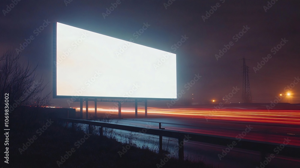 Illuminated Billboard at Night with Headlight Trails Illuminated Billboard at Night with Headlight Trails