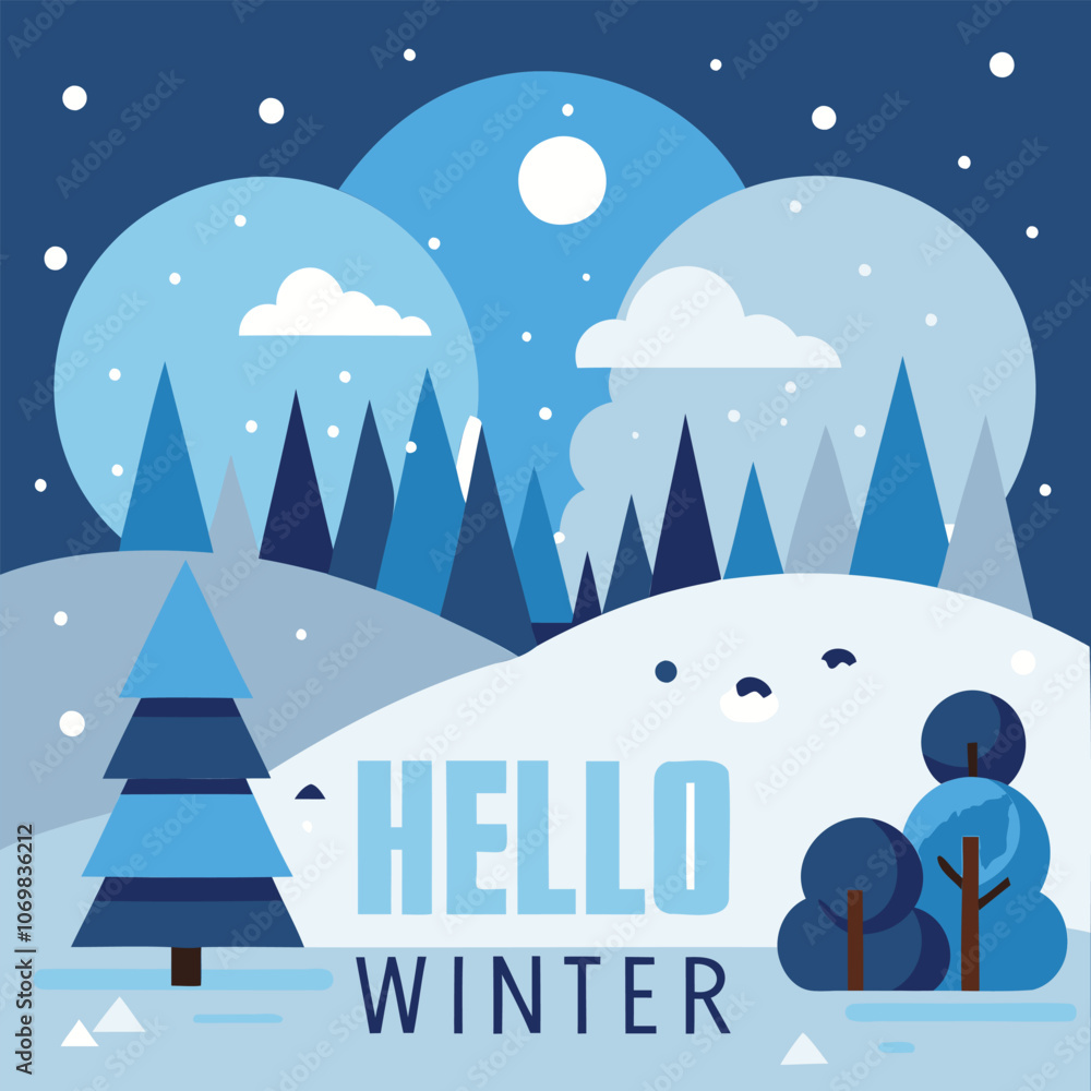 Fototapeta premium snowy forest scene with falling snow and a warm hello winter message vector design