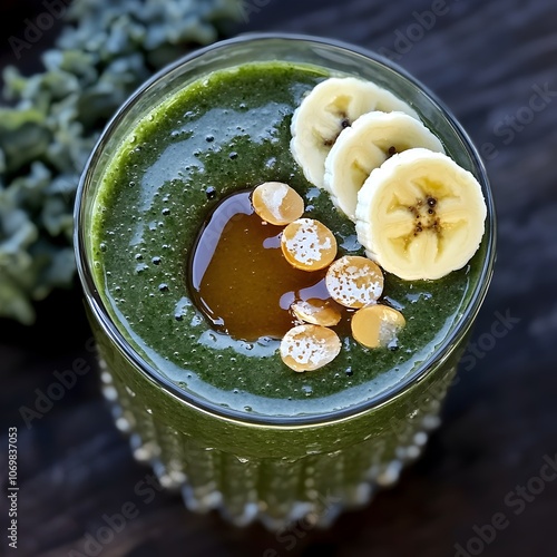 Refreshing emerald hued smoothie infused with nutrient dense kale sweet banana and fragrant honey showcased in a textured glass container from an overhead perspective photo