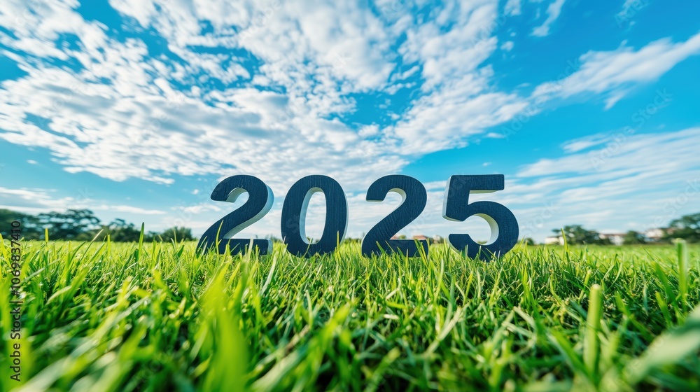 2025 numbers standing in green grass under blue sky. 2025 numbers standing in green grass under blue sky.