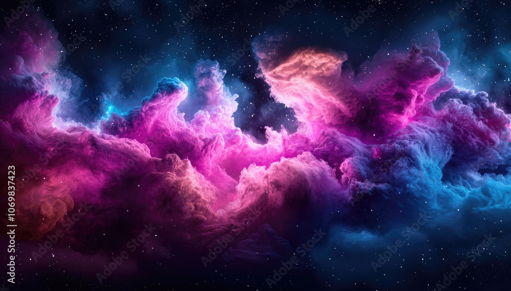 Fototapeta premium A stunning cosmic scene featuring vibrant clouds of pink and blue nebulae, capturing the beauty of outer space.