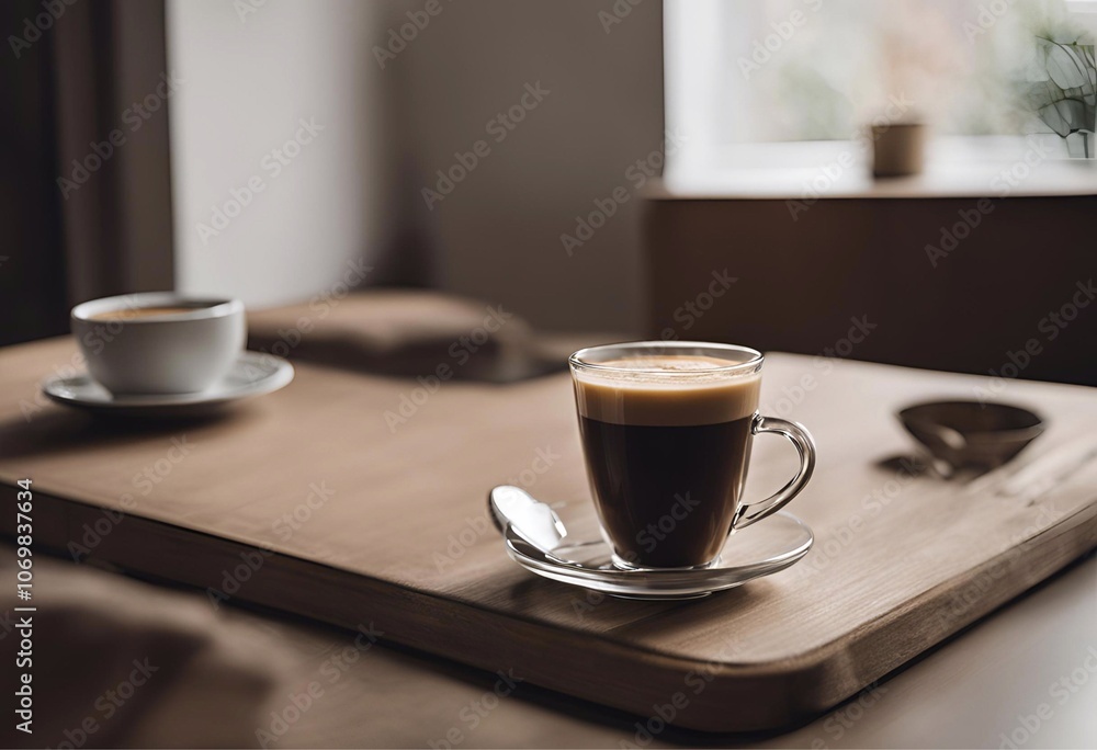 A white coffee cup with saucer and spoon on a wooden table in a cozy morning cafe setting A white coffee cup with saucer and spoon on a wooden table in a cozy morning cafe setting