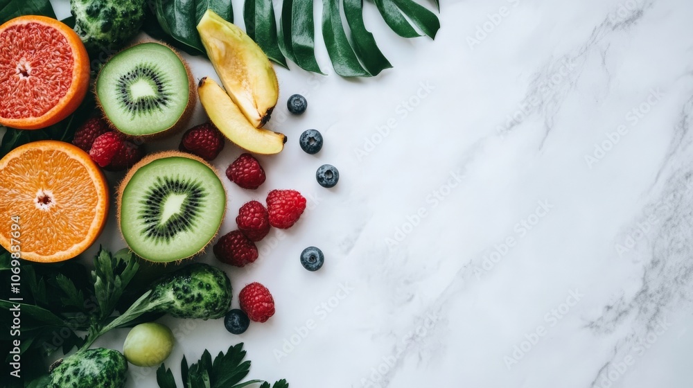Healthy eating concept with fresh fruits and vegetables arranged in a balanced layout Healthy eating concept with fresh fruits and vegetables arranged in a balanced layout