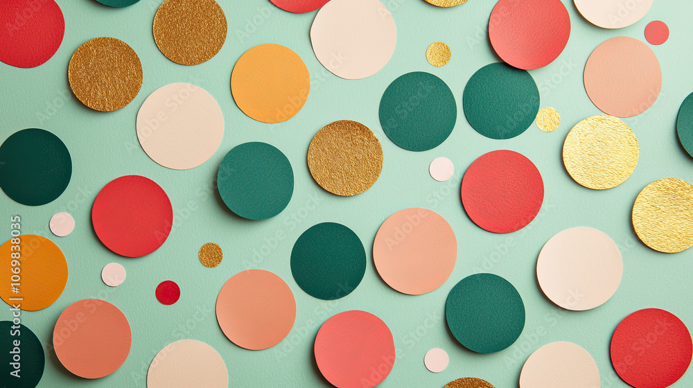 Colorful circles on a teal background, vibrant and playful design.