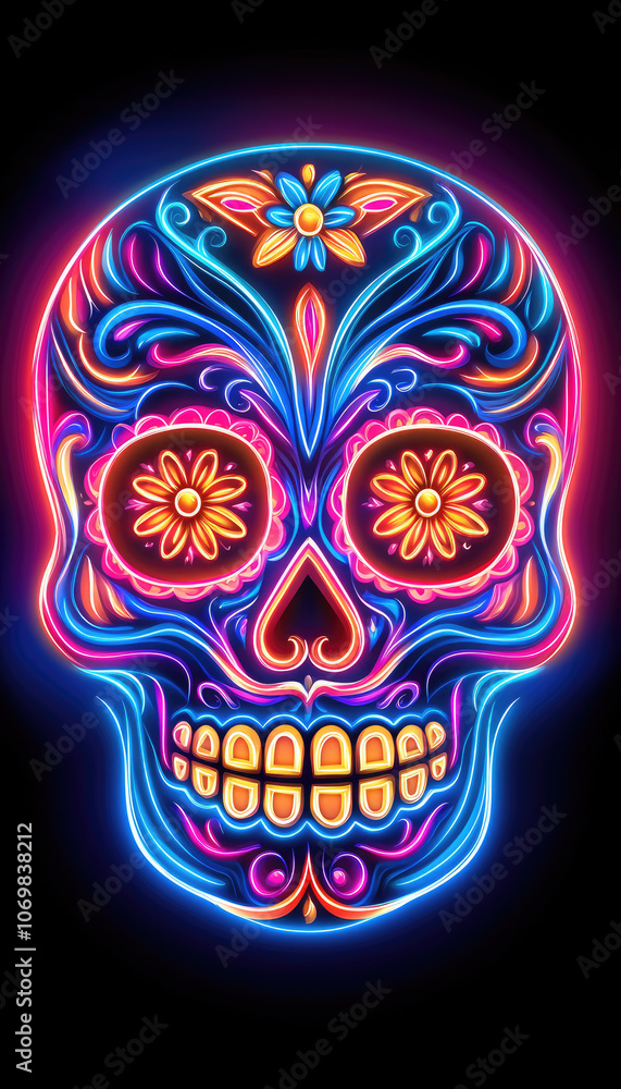 Fototapeta premium Colorful sugar skull design with vibrant neon colors against a black background