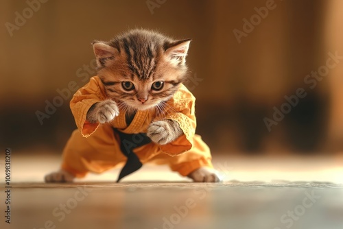 Karate Cat Takes on the Tropics: Feline Warrior in a Martial Arts Suit