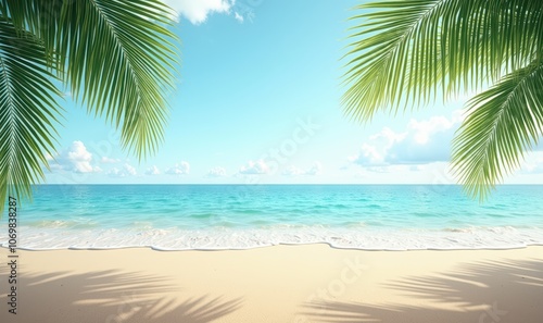 A tranquil beach scene showcasing palm trees, clear blue water, and a sunny sky, ideal for travel, relaxation, or summer-themed projects.