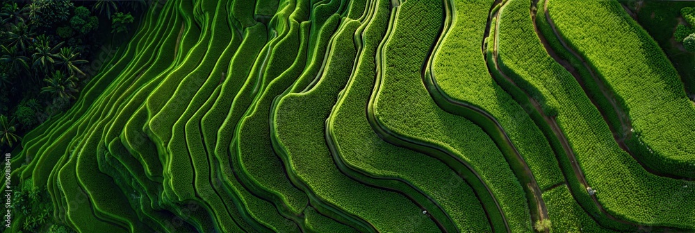 Lush Green Terraced Rice Fields with Curve Layers Tropical Mountain farming - Panoramic Header Banner Background for Agriculture, Nature Landscapes, Eco-Tourism, and Rural Scenery Lush Green Terraced Rice Fields with Curve Layers Tropical Mountain farming - Panoramic Header Banner Background for Agriculture, Nature Landscapes, Eco-Tourism, and Rural Scenery