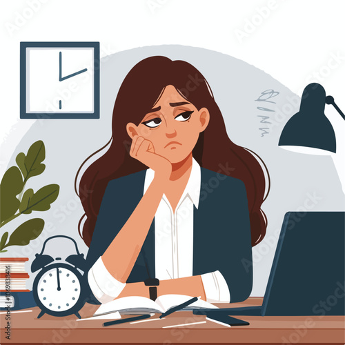 Bored woman sitting at desk. Tired sad office worker. Procrastination, burnout and boredom concept. Depressed upset exhausted lazy student. Flat vector illustration isolated on white background