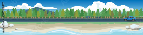 Vector or Illustration of a Luxury blue car on the asphalt road. for banner. Traffic on the beach road. Background covered with pine trees. Big mountain under blue sky and white clouds.