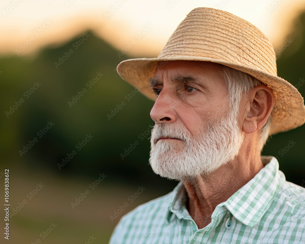 Elderly man with a beard wearing a straw hat, serene expression outdoors. Elderly man with a beard wearing a straw hat, serene expression outdoors.