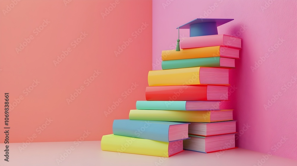 Stacked books in various colors with a graduation cap on top placed against a pale pink wall representing the joy and accomplishment of academic achievement and the continued pursuit of knowledge Stacked books in various colors with a graduation cap on top placed against a pale pink wall representing the joy and accomplishment of academic achievement and the continued pursuit of knowledge