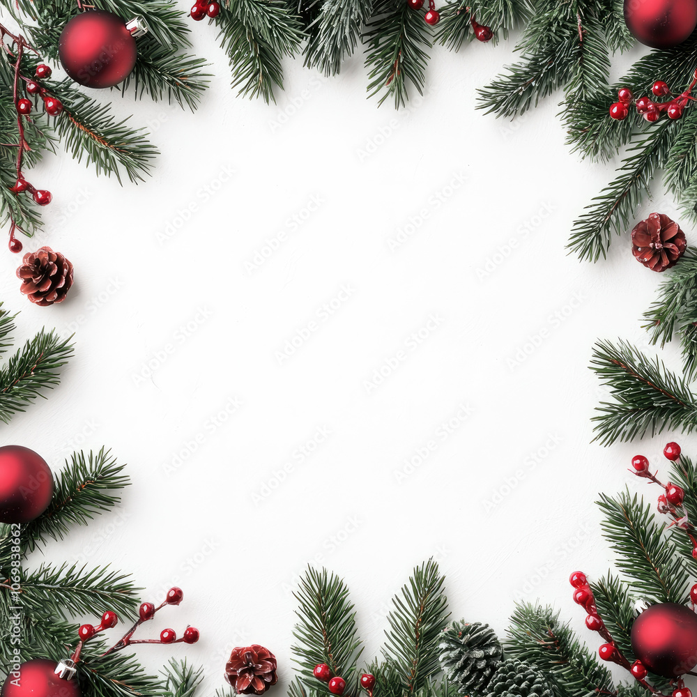 Festive pine branches with red ornaments on a white isolated background. Festive pine branches with red ornaments on a white isolated background.