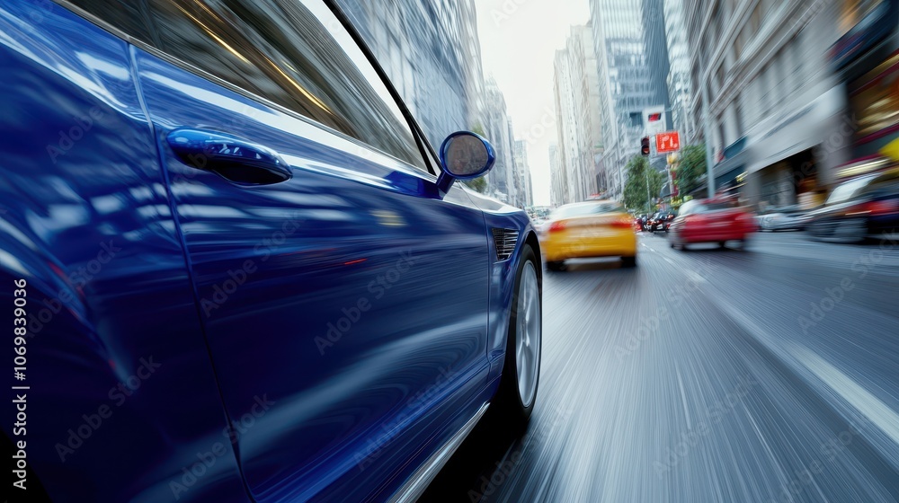 Fototapeta premium Fast-moving cars on an asphalt city road in blurred motion capture the speed of rush hour traffic, with a blue luxury car in focus alongside signs addressing fuel consumption and pollution concerns