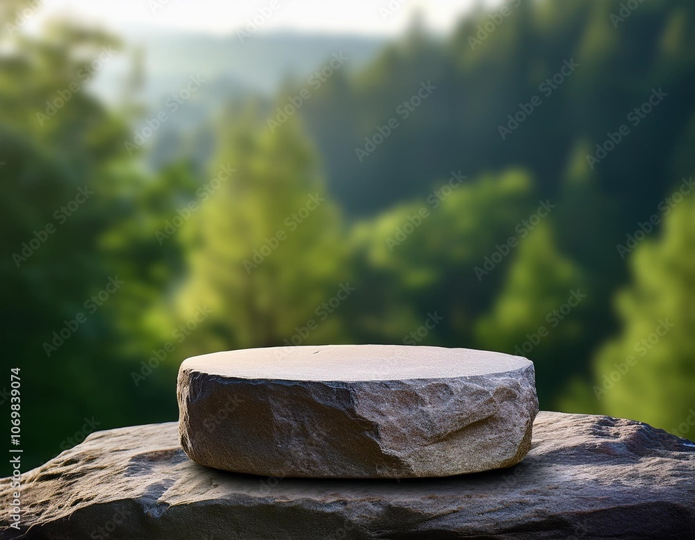 Obraz premium Natural green forest background with a minimalist stone pedestal, perfect for product display