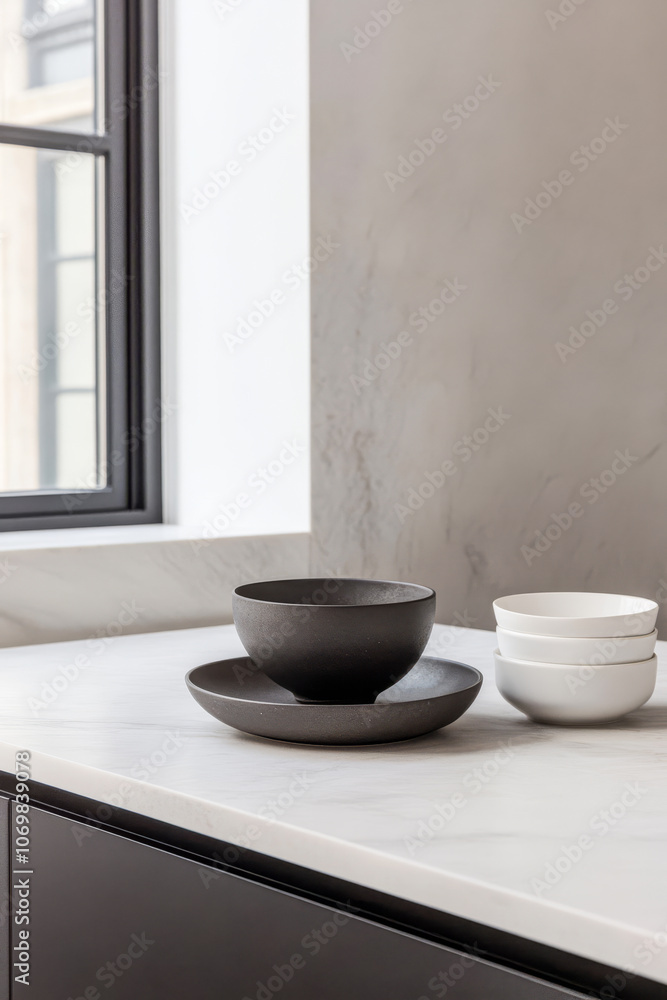 Elegant ceramic bowls arranged on a contemporary kitchen countertop with natural light Elegant ceramic bowls arranged on a contemporary kitchen countertop with natural light