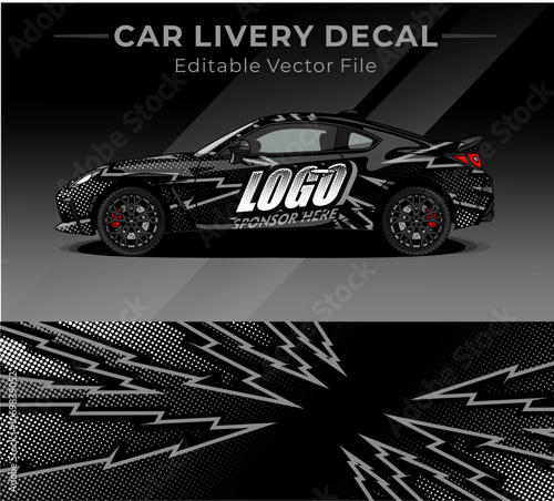 Car wrap decal designs full vector with black, grey lightning colour. Abstract racing and sport background for car livery or daily use car vinyl sticker