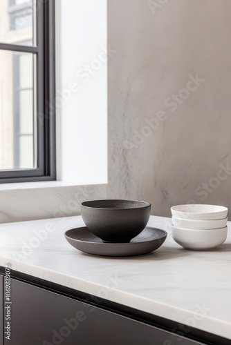 Wallpaper Mural Elegant ceramic bowls arranged on a contemporary kitchen countertop with natural light Torontodigital.ca