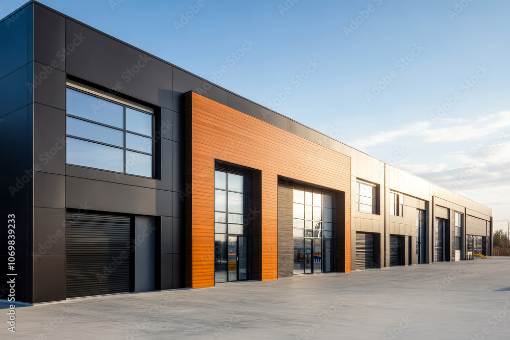 Modern commercial warehouse with large windows and sleek architecture at sunset Modern commercial warehouse with large windows and sleek architecture at sunset