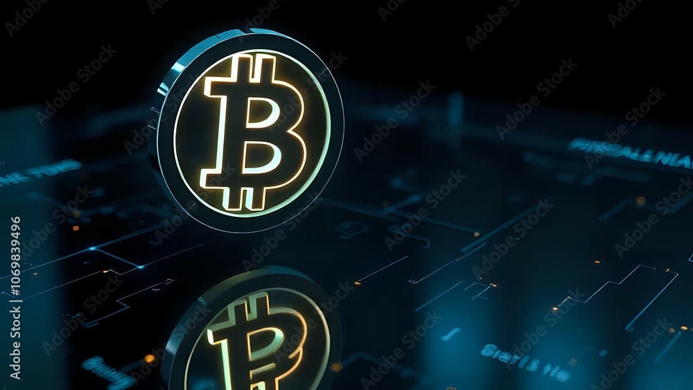 Glowing Bitcoin Symbol on Black Reflective Surface for Futuristic Digital Currency Concept Glowing Bitcoin Symbol on Black Reflective Surface for Futuristic Digital Currency Concept
