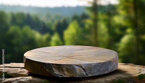 Natural green forest background with a minimalist stone pedestal, ideal for product display